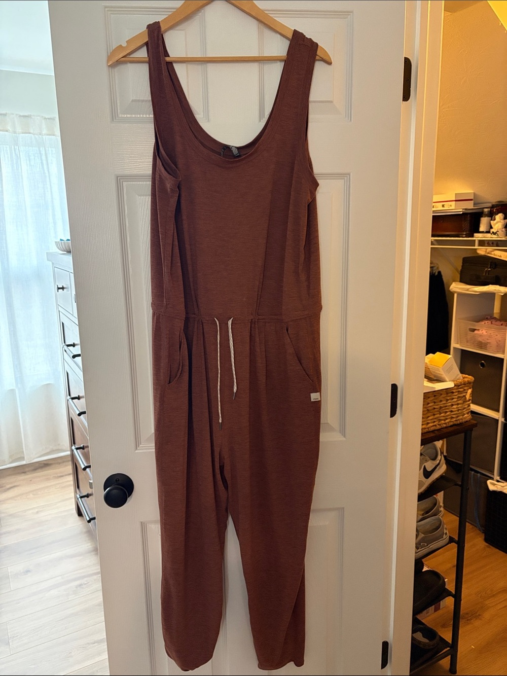 Vuori Sleeveless Drawstring Jumpsuit in Rust Brown